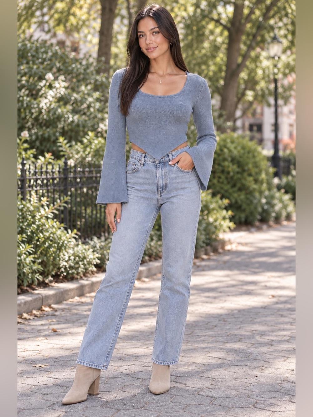LE LIS Dusty Blue Knit Lace-Up Bell-Sleeve Crop Top Size M